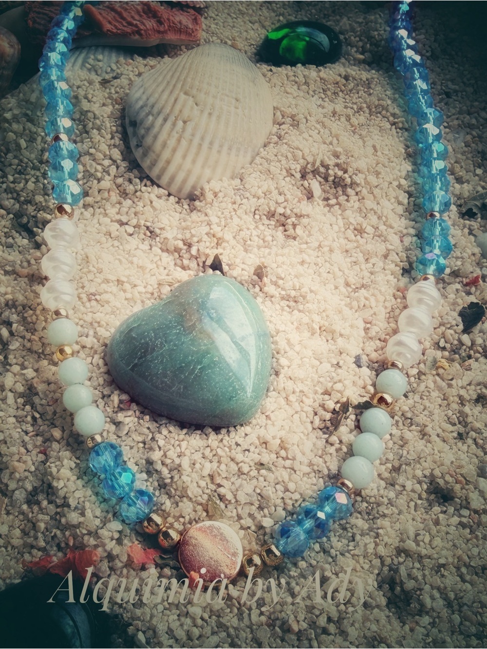 Blue Aquamarine + baroque pearl + crystal Pendant Necklace with Gold Accents